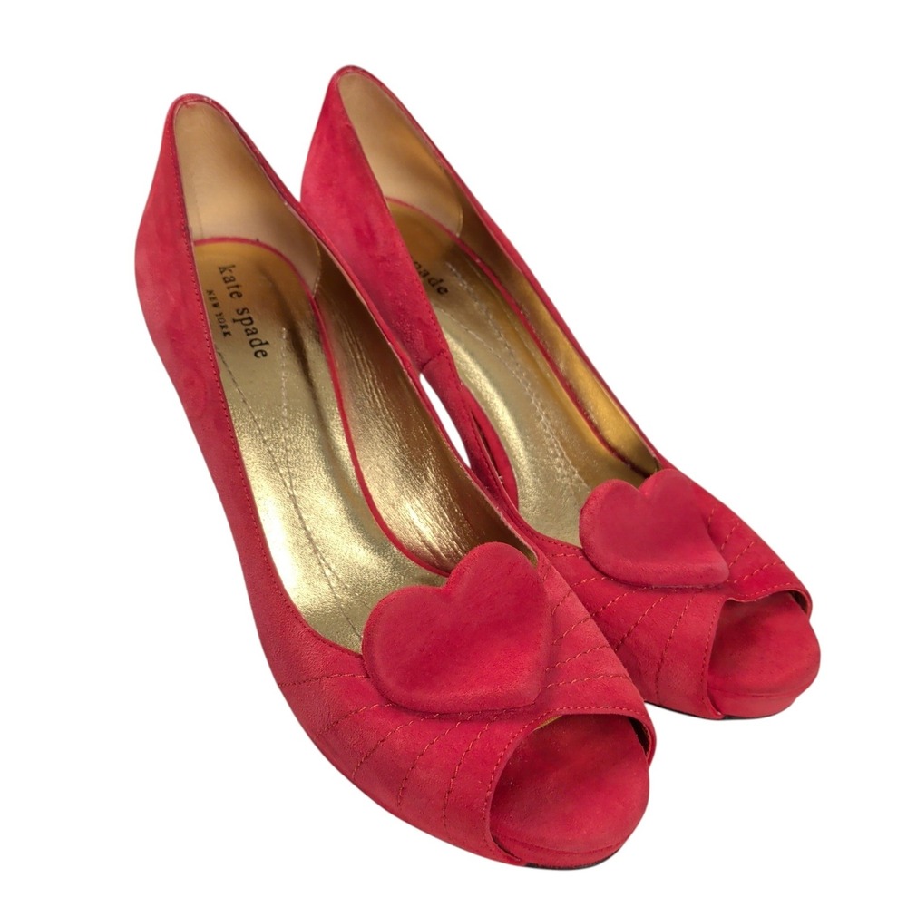 Kate Spade Red Suede Heart Peep Toe Platform Pumps Heels Made in Italy Romantic